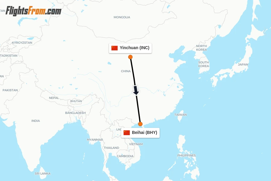 Flights from Yinchuan to Beihai route map
