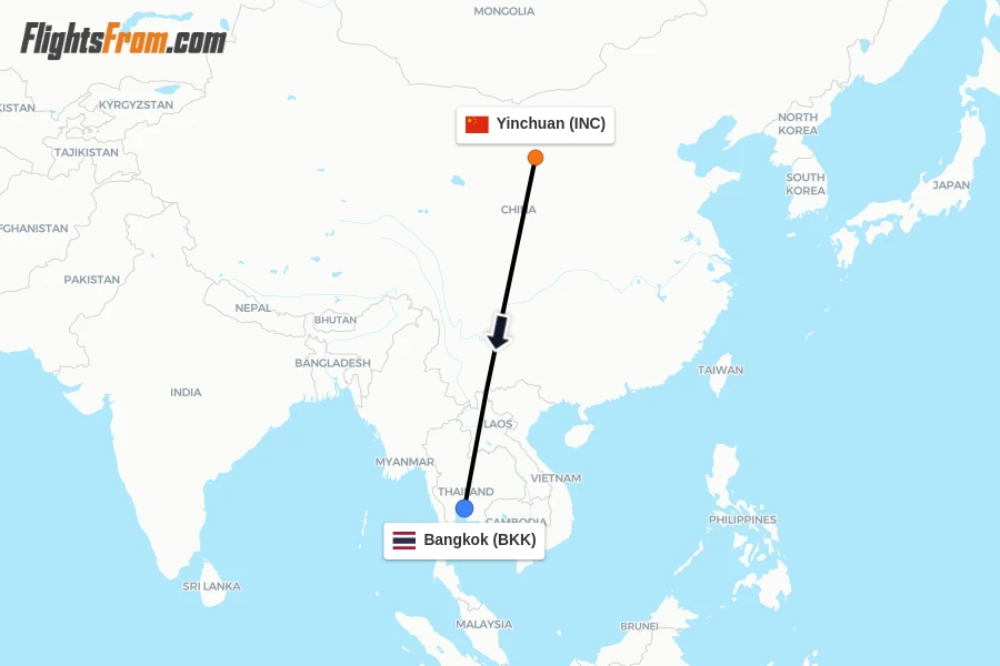 Flights from Yinchuan to Bangkok route map