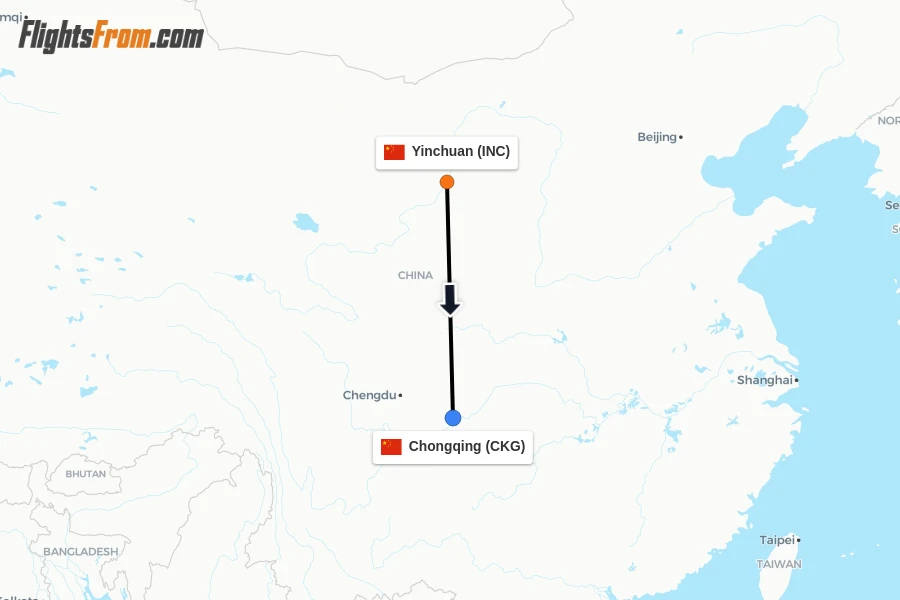 Flights from Yinchuan to Chongqing route map