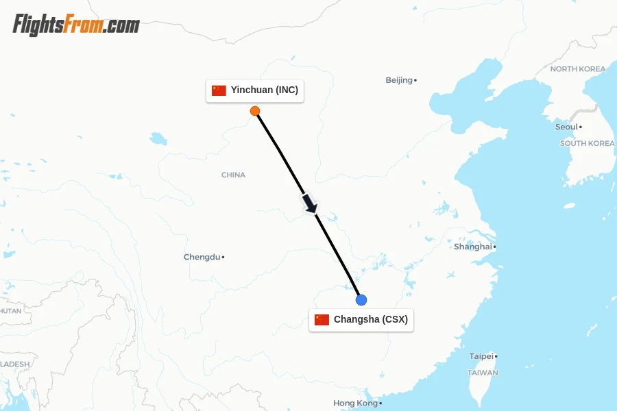 Flights from Yinchuan to Changsha route map