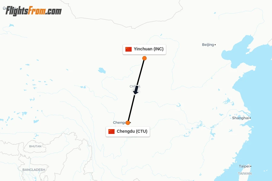 Flights from Yinchuan to Chengdu route map