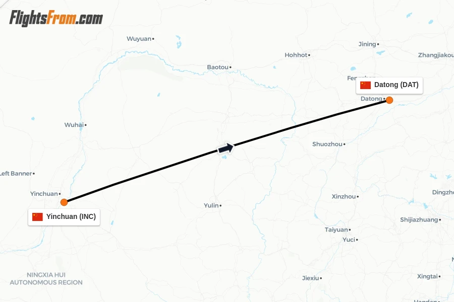 Flights from Yinchuan to Datong route map