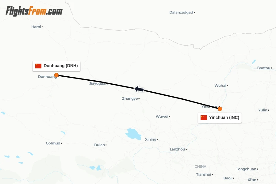 Flights from Yinchuan to Dunhuang route map