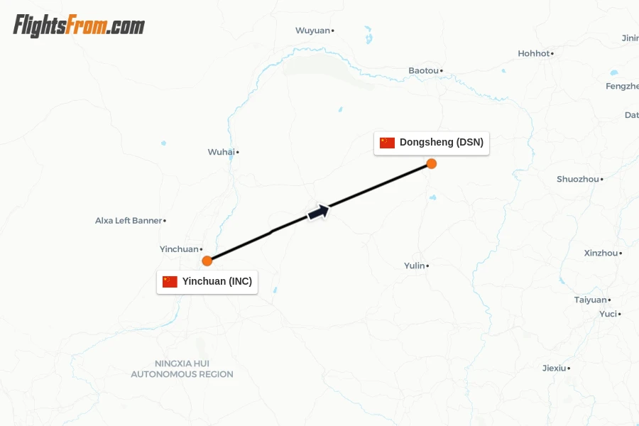 Flights from Yinchuan to Dongsheng route map