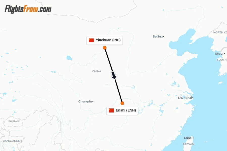 Flights from Yinchuan to Enshi route map