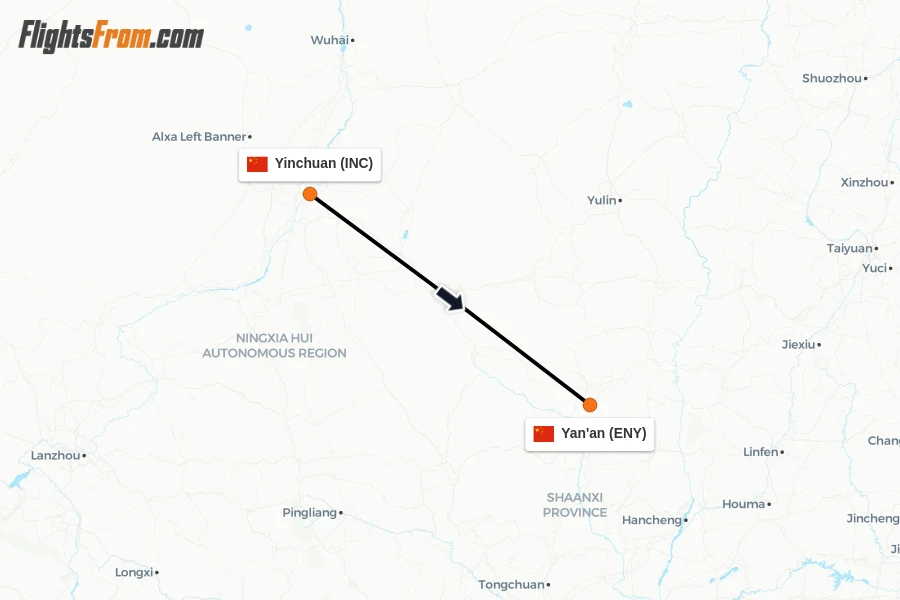 Flights from Yinchuan to Yan'an route map