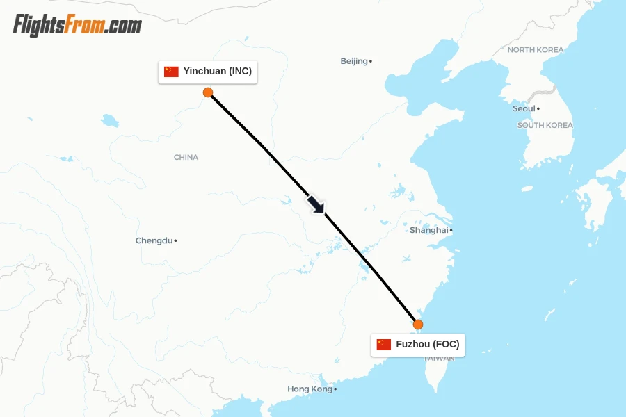 Flights from Yinchuan to Fuzhou route map