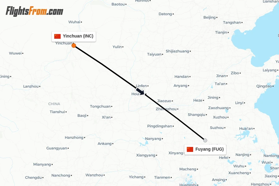 Flights from Yinchuan to Fuyang route map
