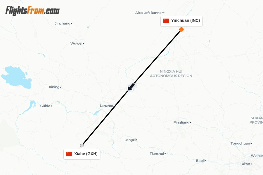 Flights from Yinchuan to Xiahe route map