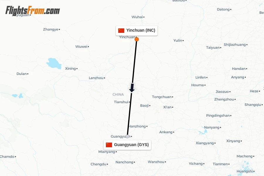 Flights from Yinchuan to Guangyuan route map
