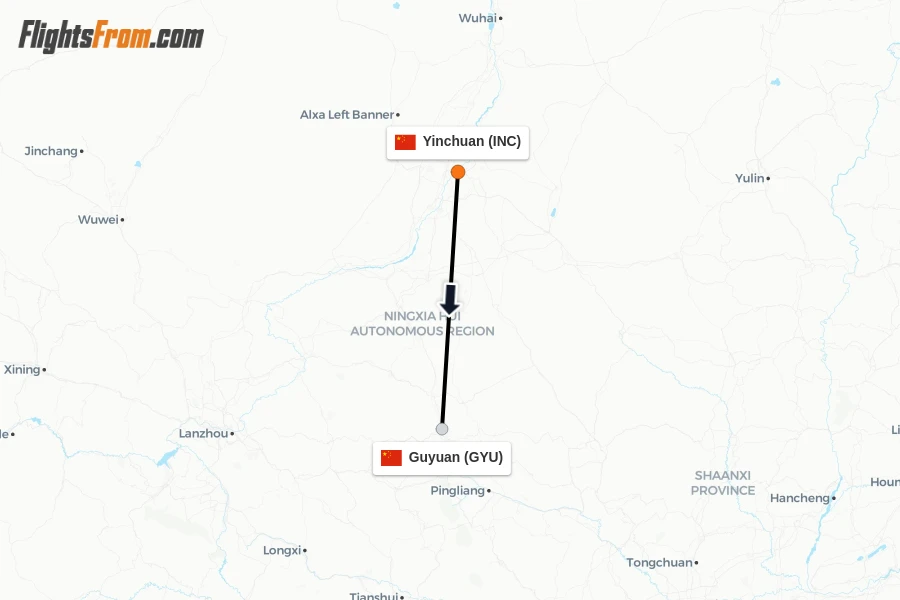 Flights from Yinchuan to Guyuan route map