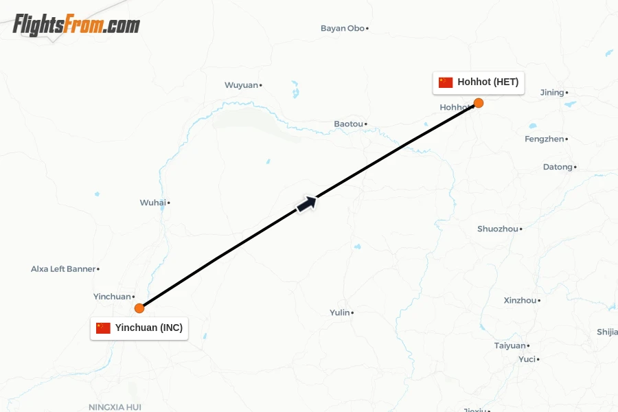 Flights from Yinchuan to Hohhot route map