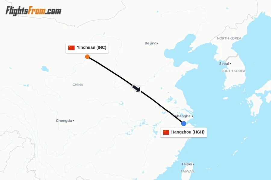 Flights from Yinchuan to Hangzhou route map