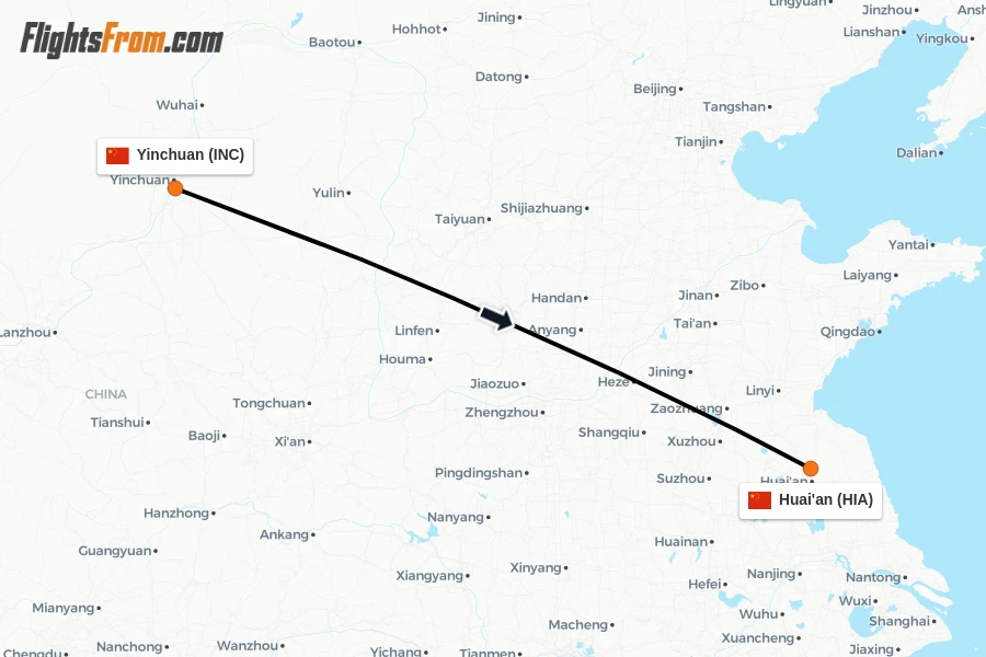 Flights from Yinchuan to Huai'an route map
