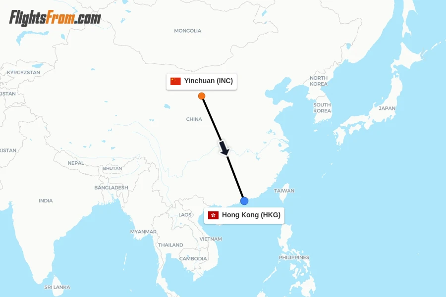 Flights from Yinchuan to Hong Kong route map