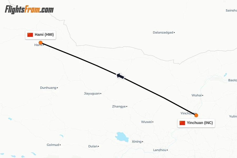 Flights from Yinchuan to Hami route map