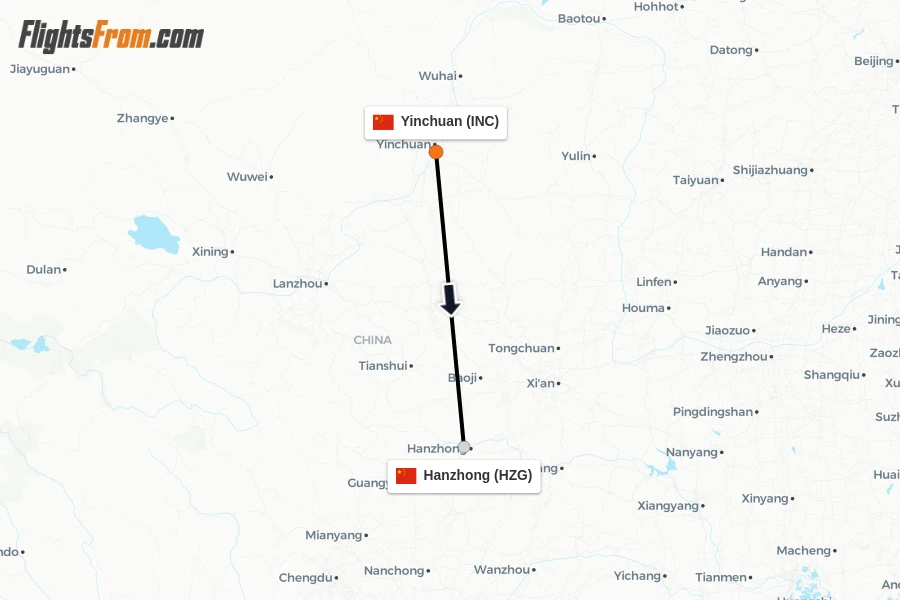 Flights from Yinchuan to Hanzhong route map