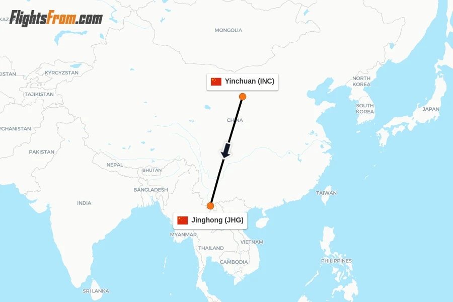 Flights from Yinchuan to Jinghong route map