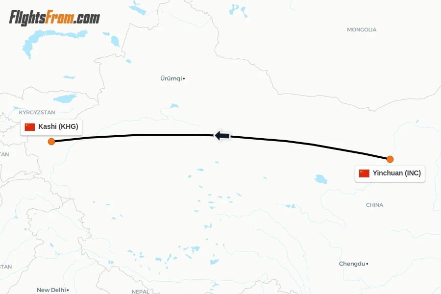 Flights from Yinchuan to Kashi route map