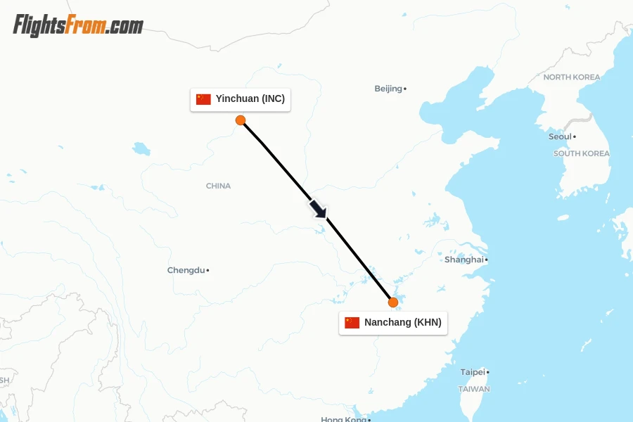 Flights from Yinchuan to Nanchang route map