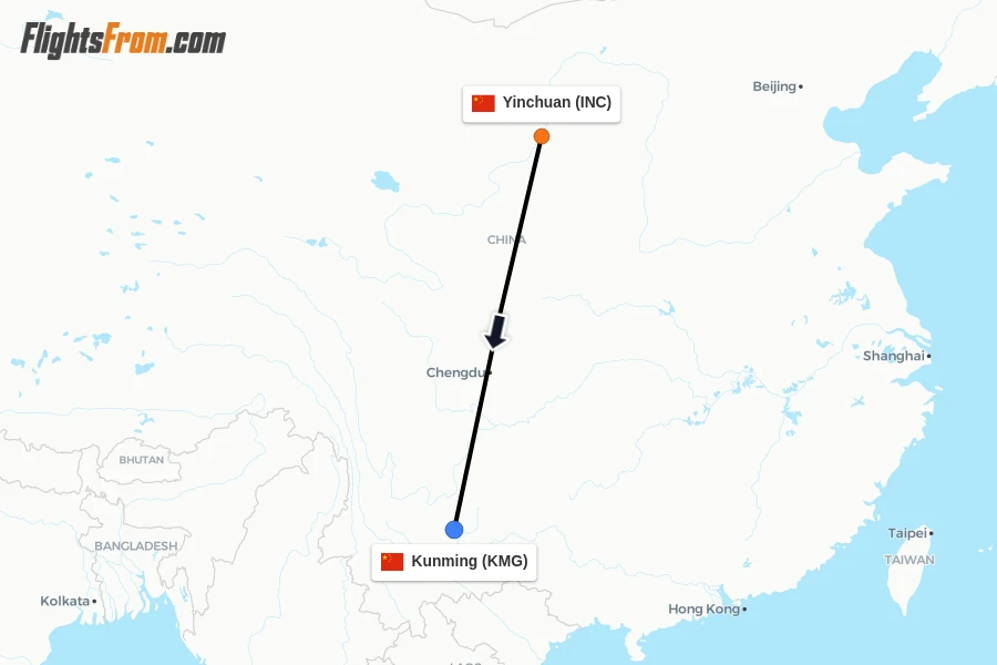 Flights from Yinchuan to Kunming route map