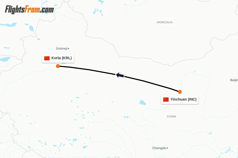 Flights from Yinchuan to Korla route map