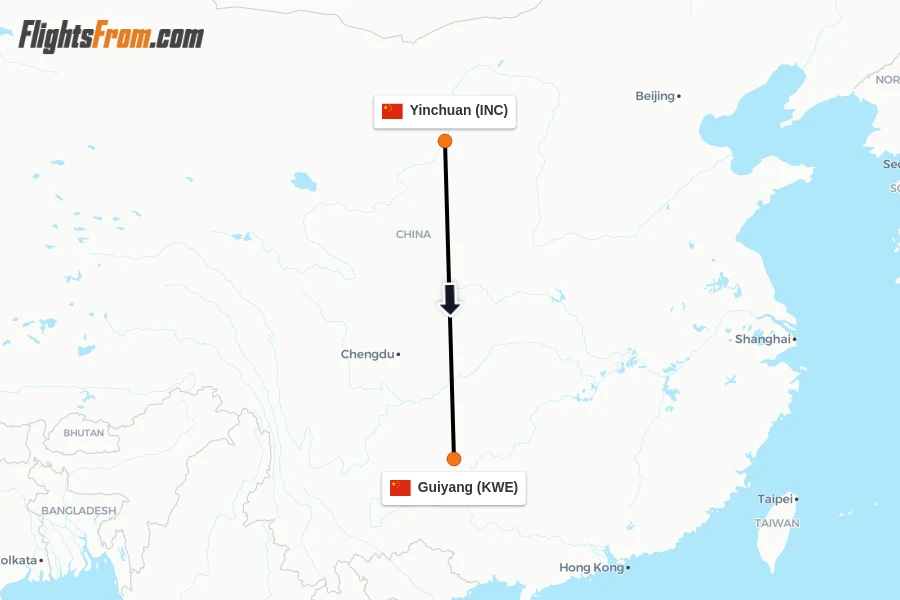 Flights from Yinchuan to Guiyang route map
