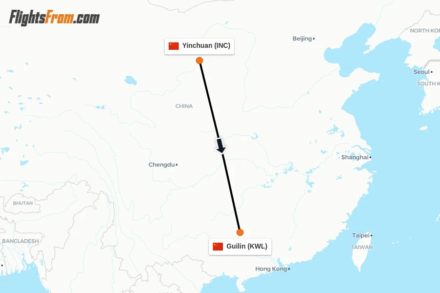 Flights from Yinchuan to Guilin route map