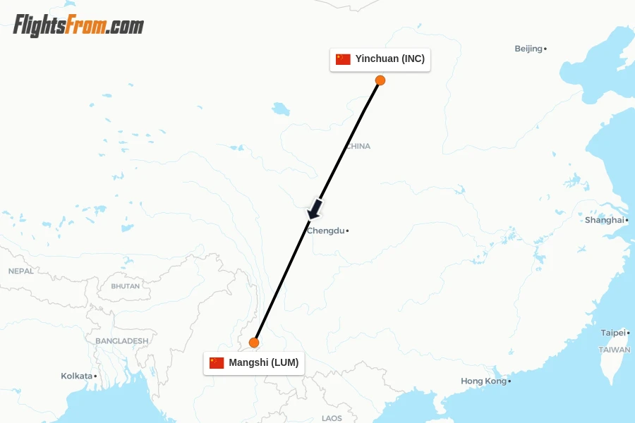 Flights from Yinchuan to Mangshi route map