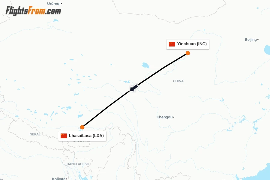 Flights from Yinchuan to Lhasa/Lasa route map
