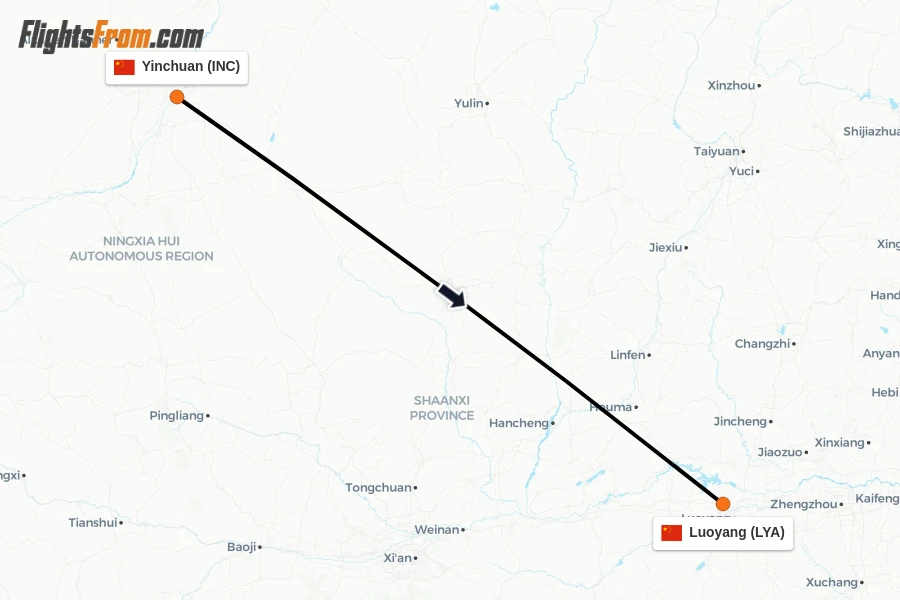 Flights from Yinchuan to Luoyang route map