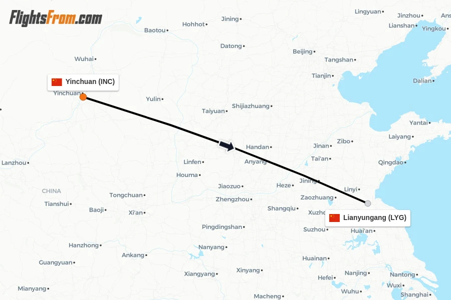 Flights from Yinchuan to Lianyungang route map