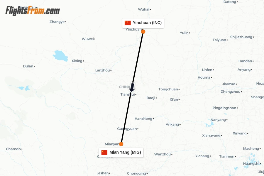 Flights from Yinchuan to Mian Yang route map