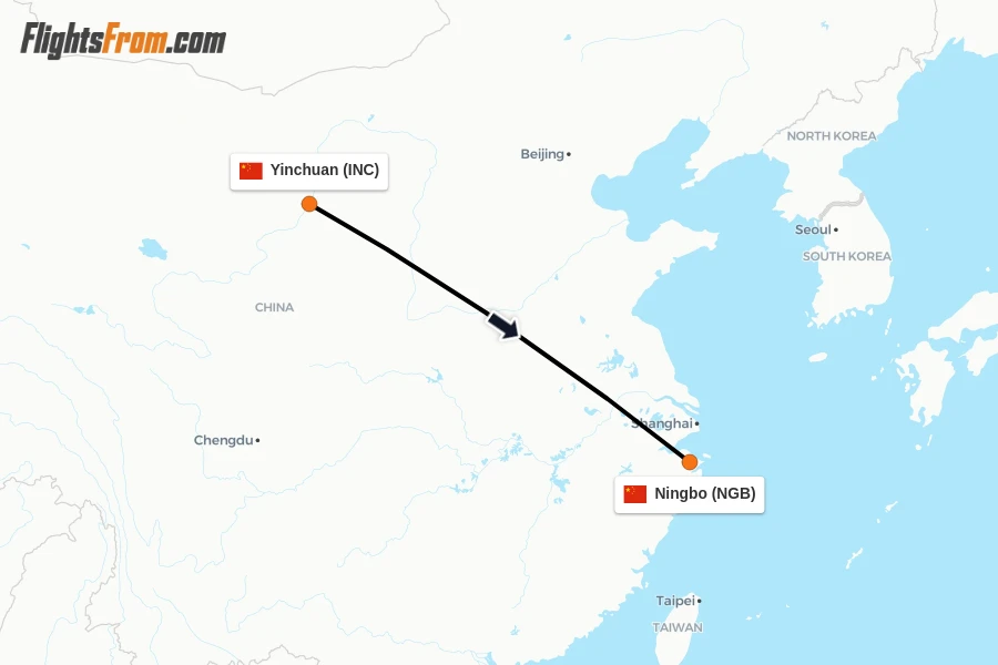 Flights from Yinchuan to Ningbo route map