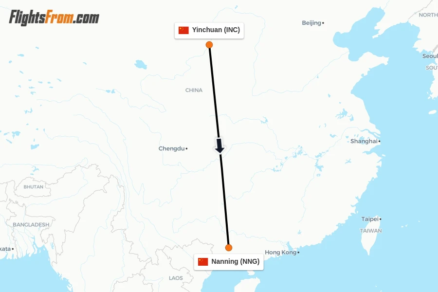 Flights from Yinchuan to Nanning route map