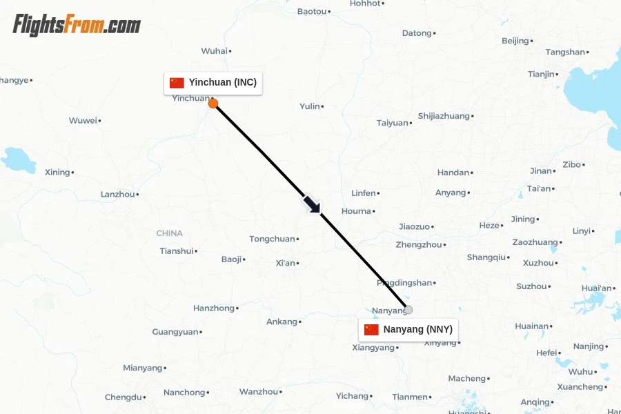 Flights from Yinchuan to Nanyang route map
