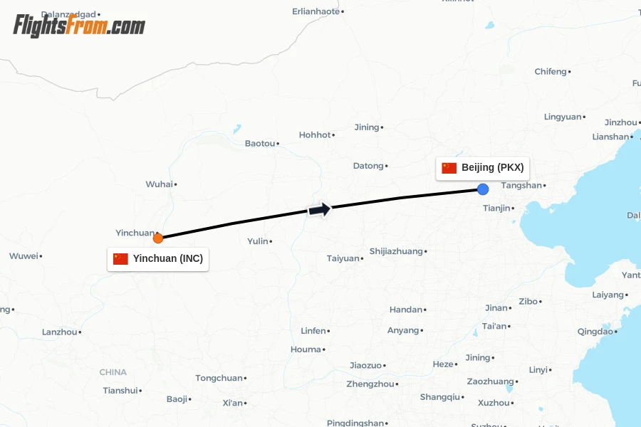 Flights from Yinchuan to Beijing route map