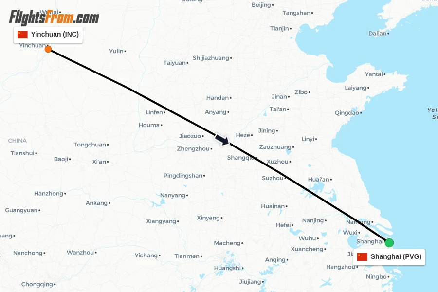Flights from Yinchuan to Shanghai route map