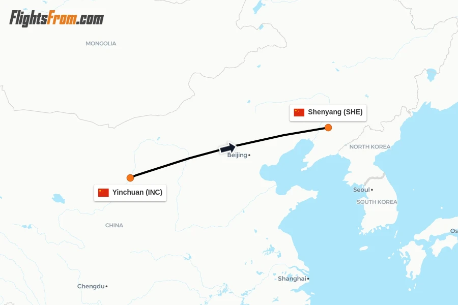 Flights from Yinchuan to Shenyang route map