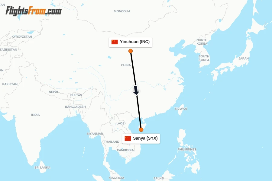 Flights from Yinchuan to Sanya route map