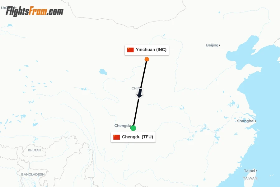 Flights from Yinchuan to Chengdu route map