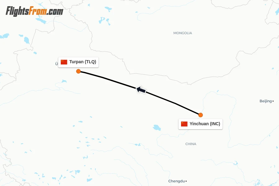 Flights from Yinchuan to Turpan route map