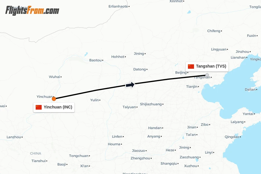 Flights from Yinchuan to Tangshan route map