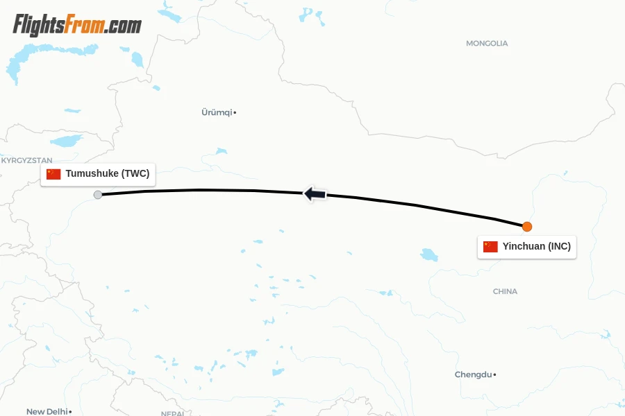 Flights from Yinchuan to Tumushuke route map
