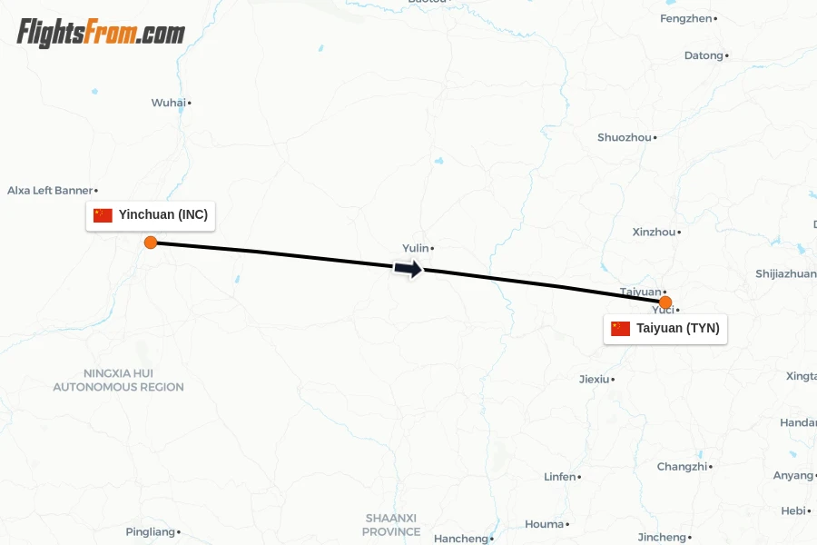 Flights from Yinchuan to Taiyuan route map