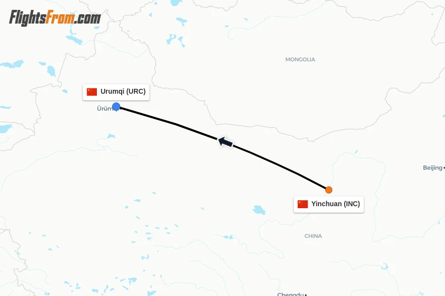 Flights from Yinchuan to Urumqi route map