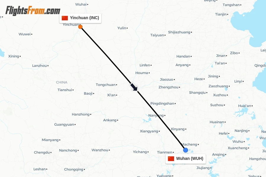 Flights from Yinchuan to Wuhan route map
