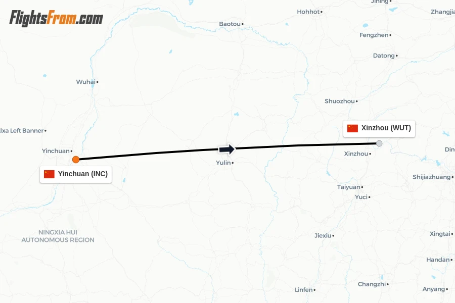 Flights from Yinchuan to Xinzhou route map
