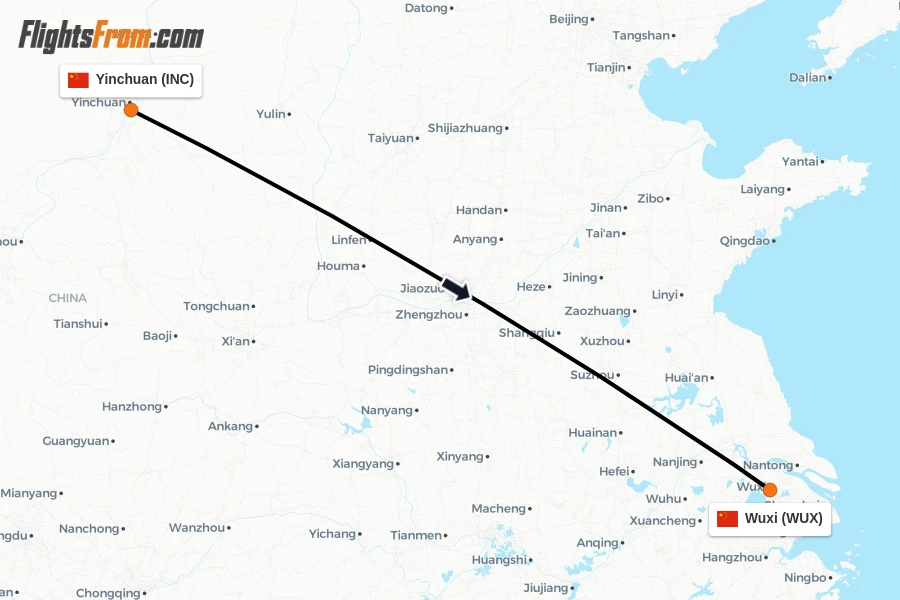 Flights from Yinchuan to Wuxi route map