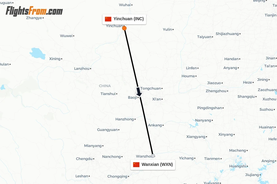 Flights from Yinchuan to Wanxian route map